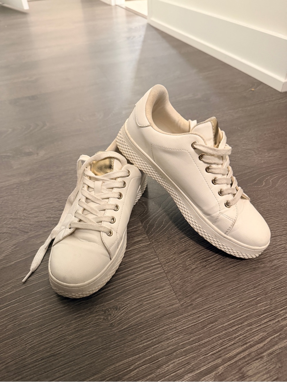 Call It Spring White Sneakers with Gold Accents - Size 8